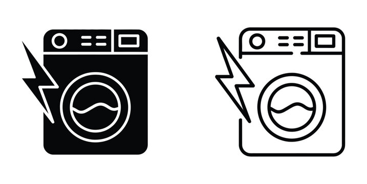 Washing machine icon set. Vector black icon isolated on white background. Washing machine icons with lightning bolt symbol Vector illustration