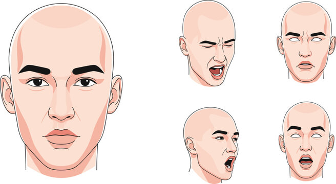 Set of male facial expressions showing emotions from different angles, realistic bald man character faces, human emotion study vector illustration isolated