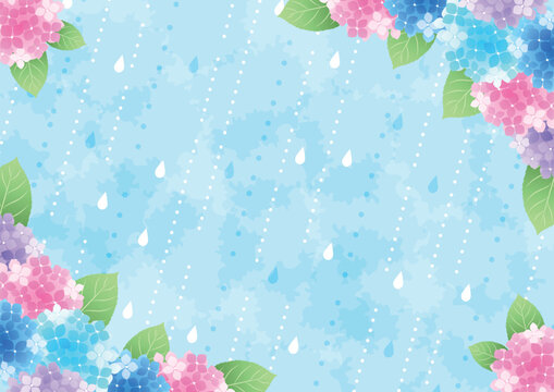 梅雨背景、横、かわいい、あじさい、雨、対角囲み