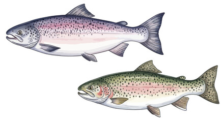 Two Salmon Fish Illustration, Watercolor Style, Isolated on White Background © tempe