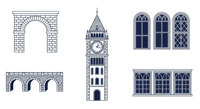 Architectural Elements: Arch, Clock Tower, Bridge, Gothic Windows - Line Art