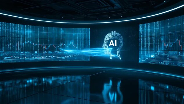 管制室風トレード環境に映るAI回路シルエット、巨大ダッシュボードの金融監視背景