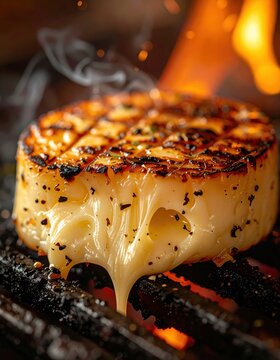 A close-up of a gooey, grilled cheese wheel melting over open flames on a barbecue.