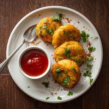 Monsoon special Moong Dal Vada, Pakoda, Dalwada, Pakora or Mungdal Bhajiya or Yellow Split Gram Fritters Served with Green Chutney. selective focus