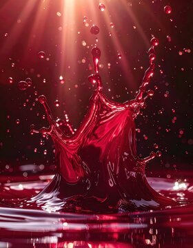 A close-up of vibrant red liquid splashing upward, illuminated by warm rays of light, creating dynamic droplets and reflections in motion.