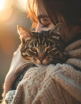 A person warmly embraces a tabby cat, both bathed in soft, golden sunlight, creating a tender and intimate moment.