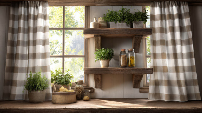 A cozy kitchen window with herbs and spices. The window offers a beautiful view, and the checkered curtains add a touch of warmth. The wooden shelves display herbs in pots.