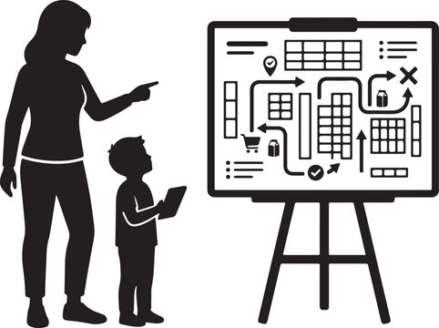 Mother and child planning tactical route for grocery store