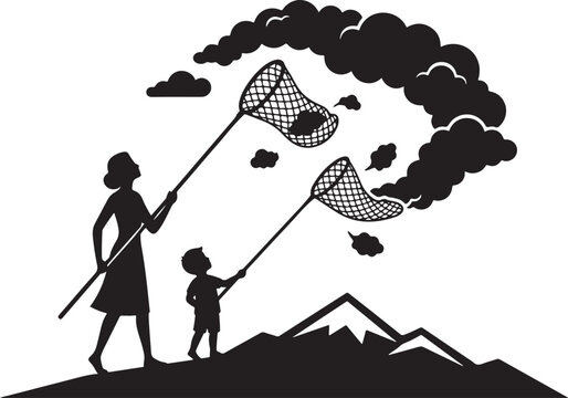 Mother and child harvesting cotton candy clouds with nets