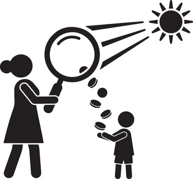 Mother using magnifying glass to turn sun rays into coins