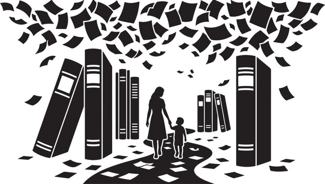 Mother and child walking through forest of giant books