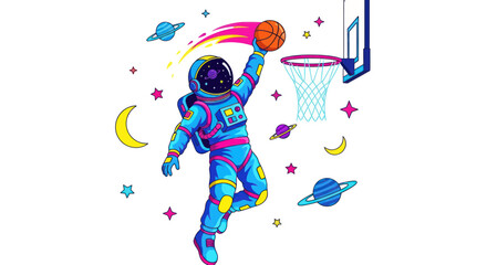 Astronaut playing basketball in space, colorful planets and stars, dunking action © Tuku
