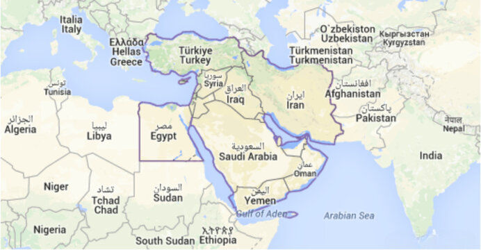 Middle East Map with Countries Highlighted, Geographic Boundaries