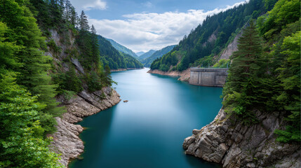 Fototapeta premium A picturesque view of a serene lake surrounded by mountains and lush trees