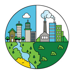 Fototapeta premium A green city thrives with trees, clean air, and sustainable living, while a polluted city struggles with smog, waste, and noise, impacting health, nature, and overall quality of life. 