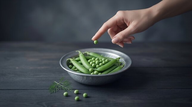 A hand delicately picks a single pea from a metal bowl filled with fresh peas