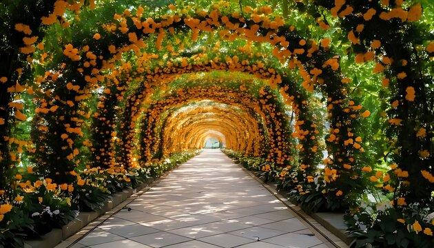 A vibrant, sunlit pathway through a floral archway. Orange blossoms cascade down leafy structures, creating a tunnel effect. Sunlight filters