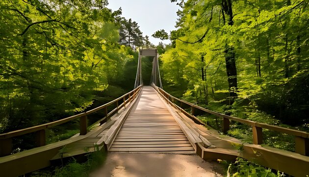 A weathered wooden bridge spans a lush green forest, leading towards a distant structure and bright sky