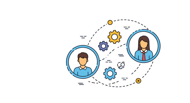Two user profile icons connected by mechanical gears and dashed lines to represent professional teamwork, collaboration, and shared work.
