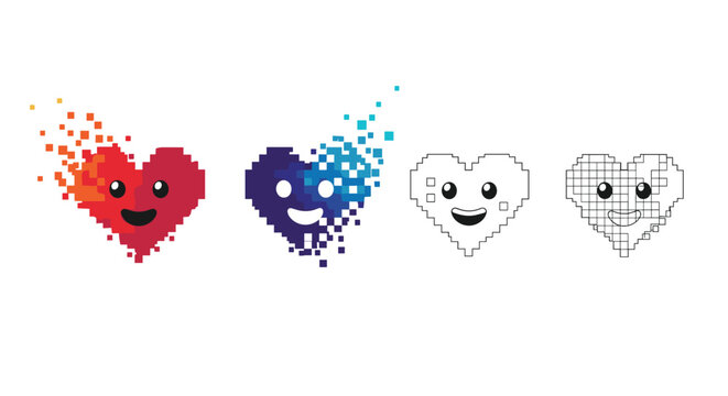 Collection of four happy pixel art hearts in different styles and colors ranging from vibrant red and blue to simple black and white.