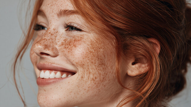 Radiant Redhead: A close-up shot of a joyful redhead, her face adorned with captivating freckles. The image captures the natural beauty and warm smile of the woman, emphasizing her unique features.