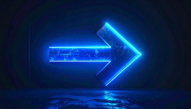 A futuristic neon-lit blue arrow pointing right in a dark room