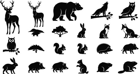 Fototapeta premium Wild animal silhouette icon set featuring deer bear wolf fox rabbit bird forest wildlife black vector collection design