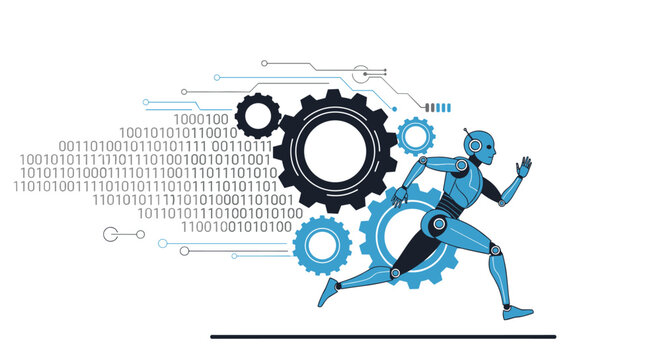 Futuristic blue robot running alongside gears and digital binary code data, symbolizing the speed and power of artificial intelligence.
