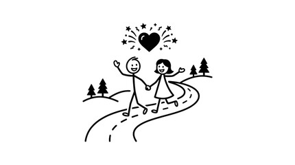 Fototapeta premium Happy Stick Figures Walking on Road to Love