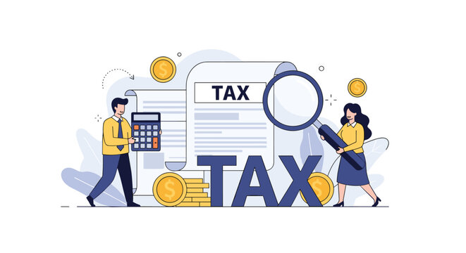 Professional accountants managing financial taxes with documents coins and magnifying glass in a clean flat illustration style.