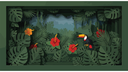 Tropical Jungle Diorama with Toucan Bird & Hibiscus Flowers - Paper Craft Art © Nimker harva