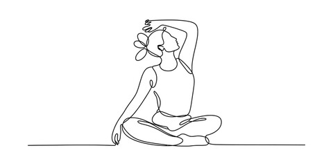 Obraz premium Minimalist one line drawing of a woman practicing yoga in a seated position with arm raised up Vector, illustration