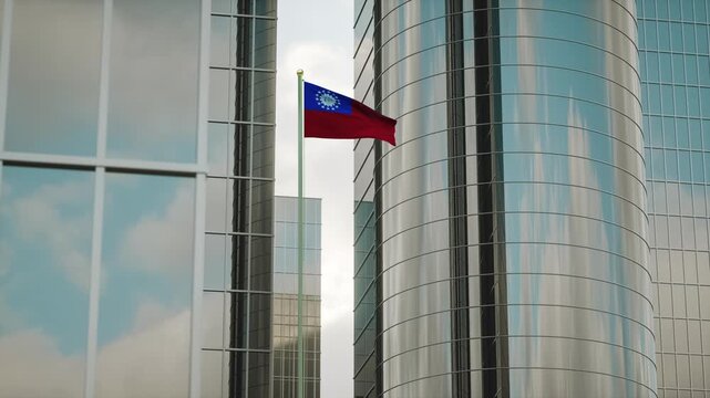 Myanmar Burma Flag 3D Render Animation on Pole with City Buildings