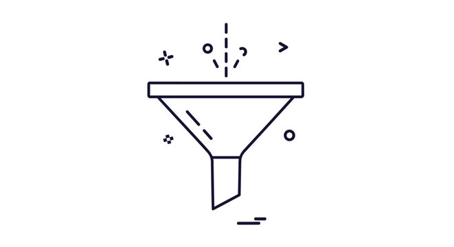 Line art icon of a funnel with scattered geometric elements being filtered representing sorting and processing data.