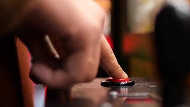 Finger pressing button on arcade machine in game room