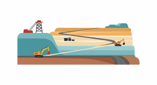 Illustration of open pit mining operations with excavators and machinery.