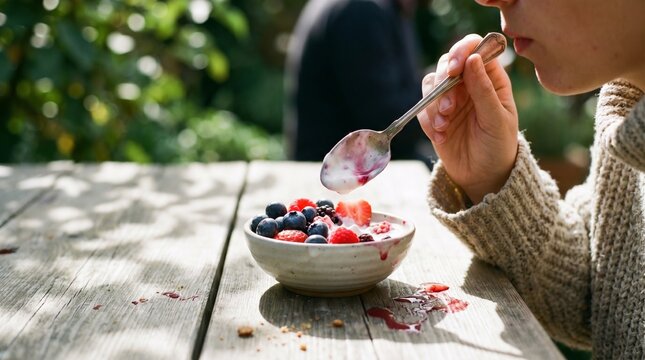 Child eating a bowl of mixed berries.