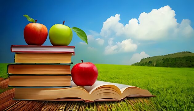 Books stacked with apples on a wooden surface against a backdrop of a lush green field and bright blue sky