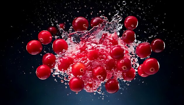 Bright red berries burst amidst water droplets against a dark blue gradient background, creating a dynamic visual