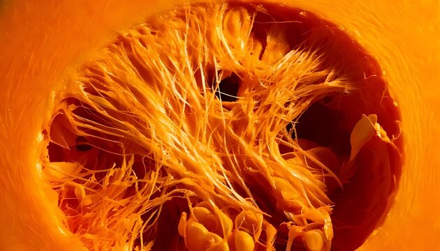 Close-up of a halved pumpkin interior, showcasing seeds and fibrous strands with warm orange and dark accents