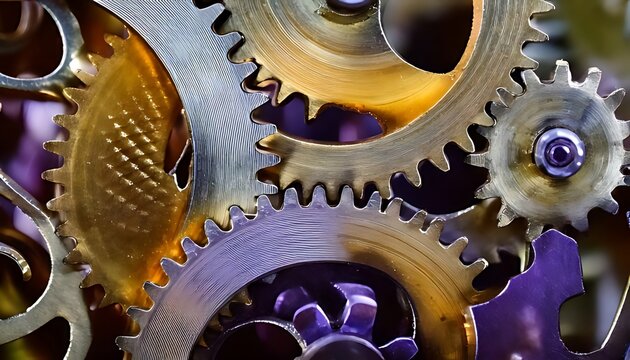 Close-up of clock gears meshing, showing brass and gold components with intricate details and textures