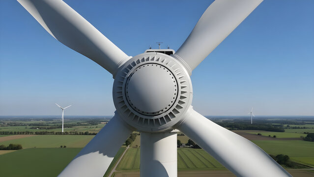 A close-up view of a wind turbine's blades in a green landscape with additional turbines.