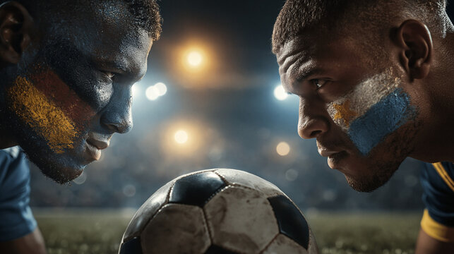 Football Showdown: Two determined football players face off intensely, their faces painted with team colors, ready for a fierce match under the stadium lights.