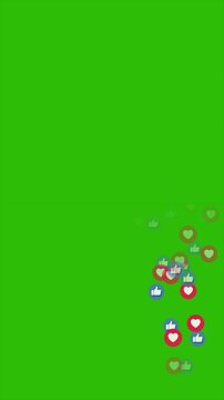 Floating social media reactions animation on green screen. Like love and emoji icons rising for chroma key overlay
