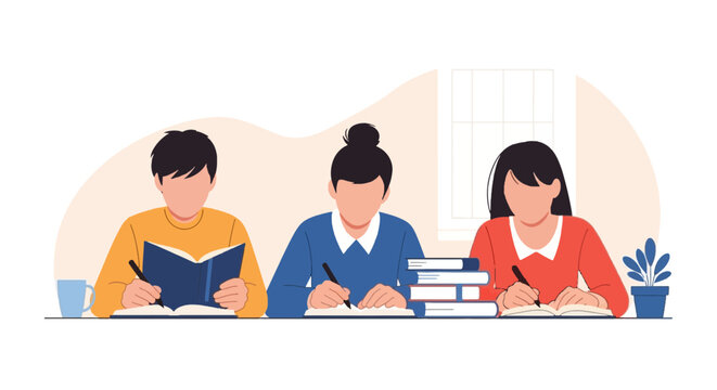 Students Studying Together at Desk in Classroom