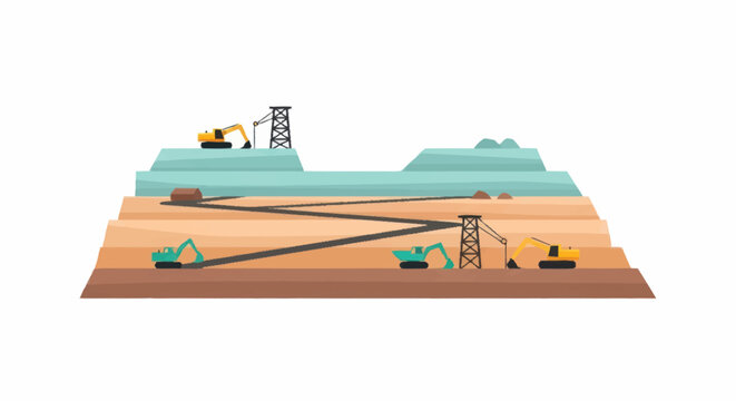 Illustration of an open pit mine with heavy machinery and infrastructure.