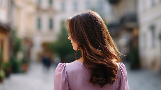 A woman with long, flowing brown hair, wearing a lilac dress, walks through a quaint European street. The background is softly blurred.
