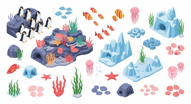 Collection of cute cartoon marine life and arctic animals.
