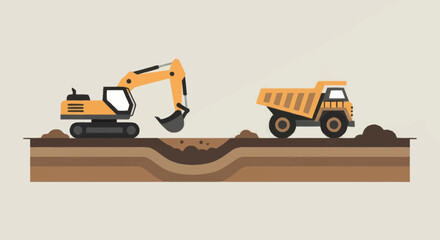 Construction site with excavator and dump truck working. © Anak
