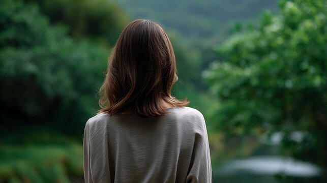A woman seen from behind gazes out at a serene natural landscape with lush green trees and calm water. Her short brown hair and light-colored top are visible as she looks towards the horizon.